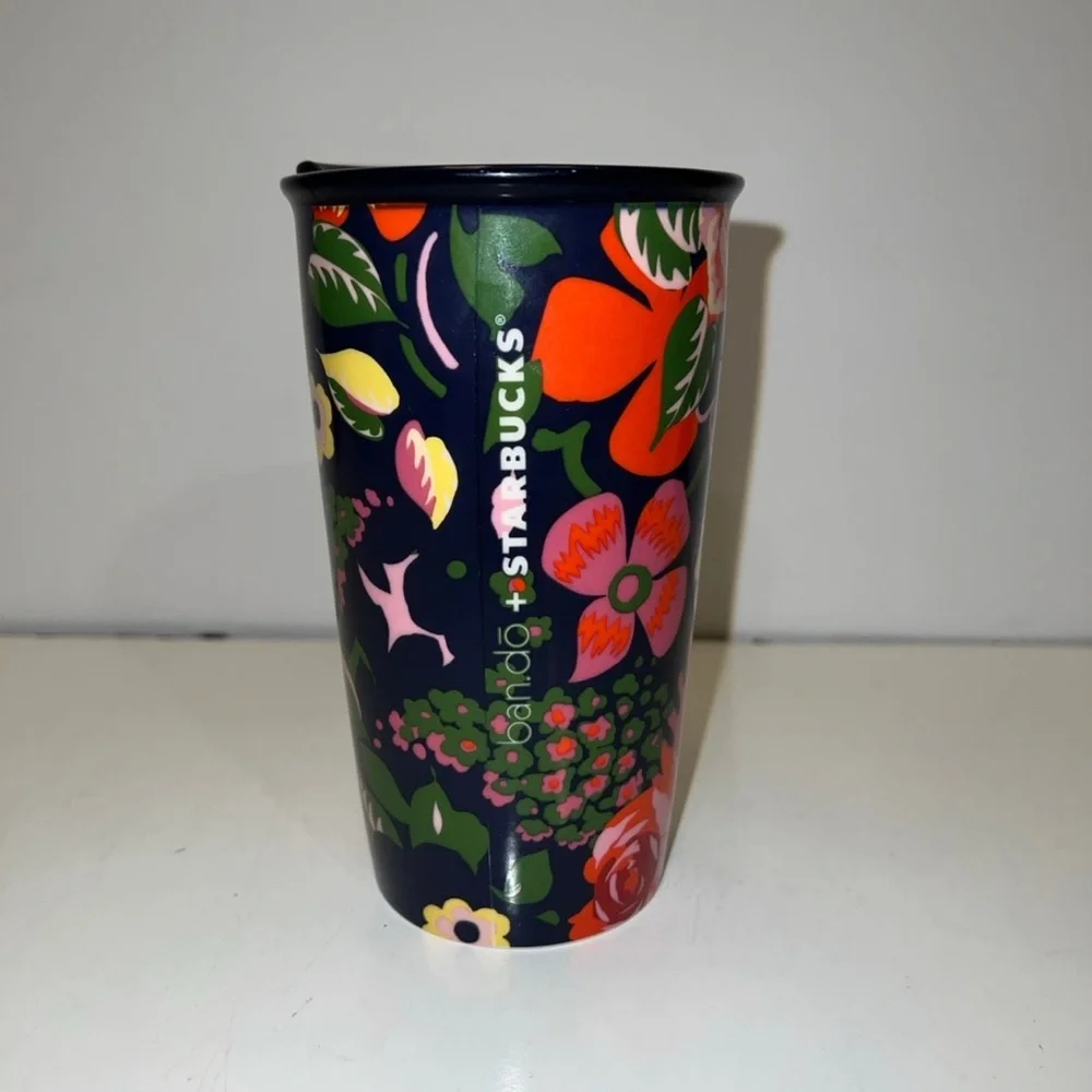 Starbucks ban.do Blue Floral Double Wall Ceramic Mug Tumbler + lid 12oz …